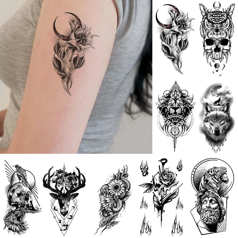 

Водостойкая Временная тату-наклейка, цветок, луна, Череп, змея, флэш-тату, искусственная татуировка, Хан, задняя нога, боди-арт для женщин и му...