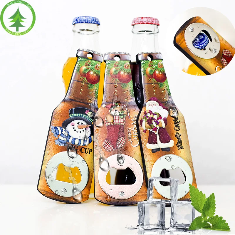 

3 Pcs Christmas creative wooden bottle opener Christmas printing beer bottle opener refrigerator magnetic stickers Christmas