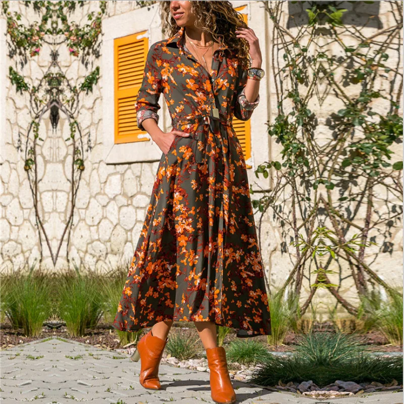 

Spring Autumn Women Maxi Dress Fashion Turn-down Collar Long Sleeve Print Button Casual Sashes Office Beach Dresses Robe Femme