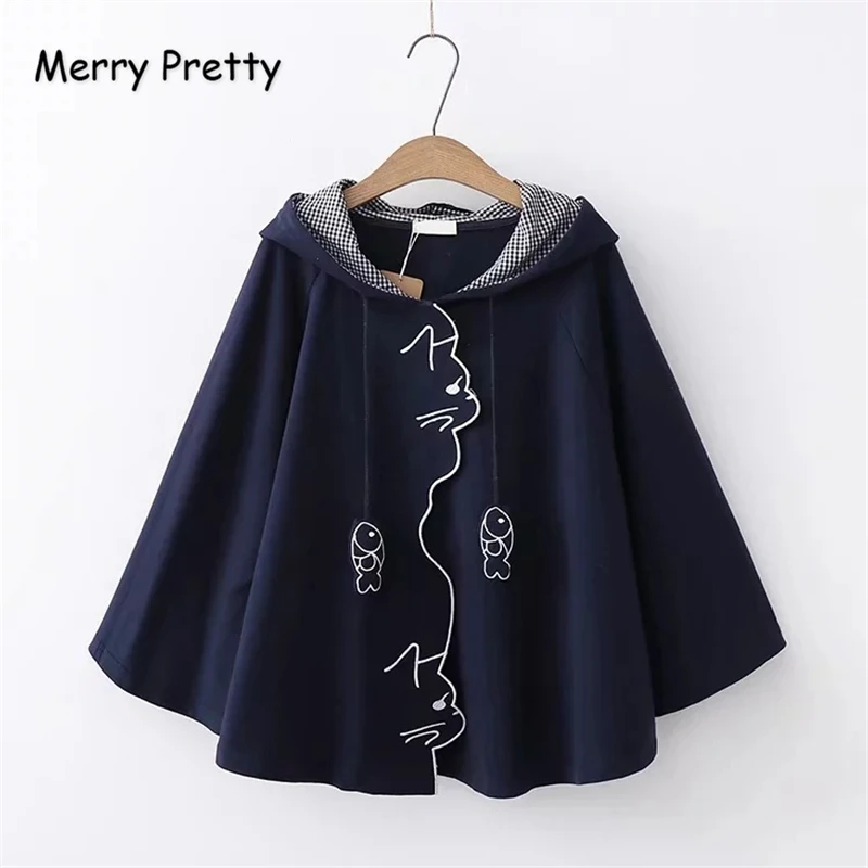 

MERRY PRETTY Women Outerwear & Cloak 2020 Autumn Cartoon Embroidery Hooded Coat Harajuku Cotton Pullover Cute Poncho Jacket