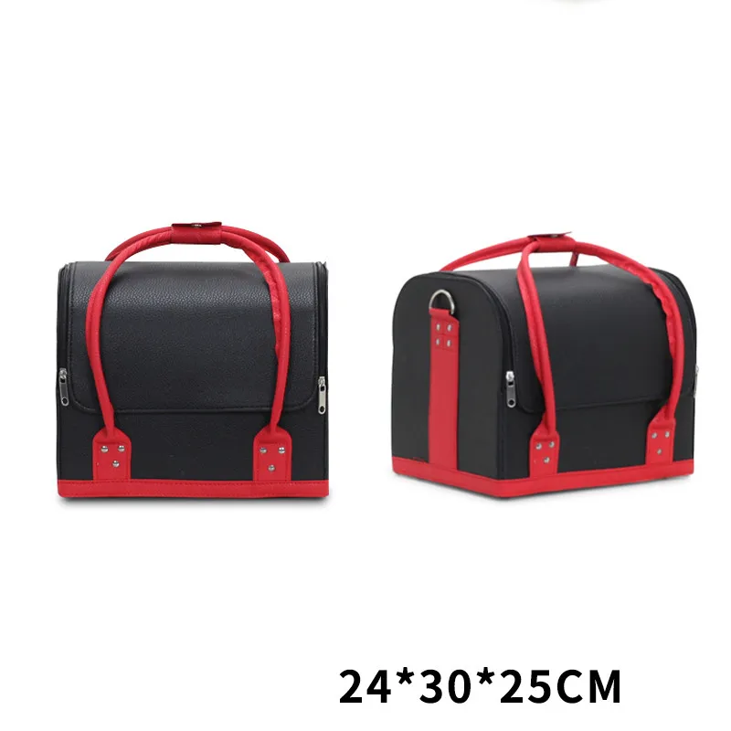 Black red 24x30x25cm Портативный кожаный ящик для хранения инструментов для макияжа, Большой Вместительный Профессиональный органайзер для макияжа, дорожный косметический ящик для туалетных принадлежностей - Цвет: Black red 24x30x25cm