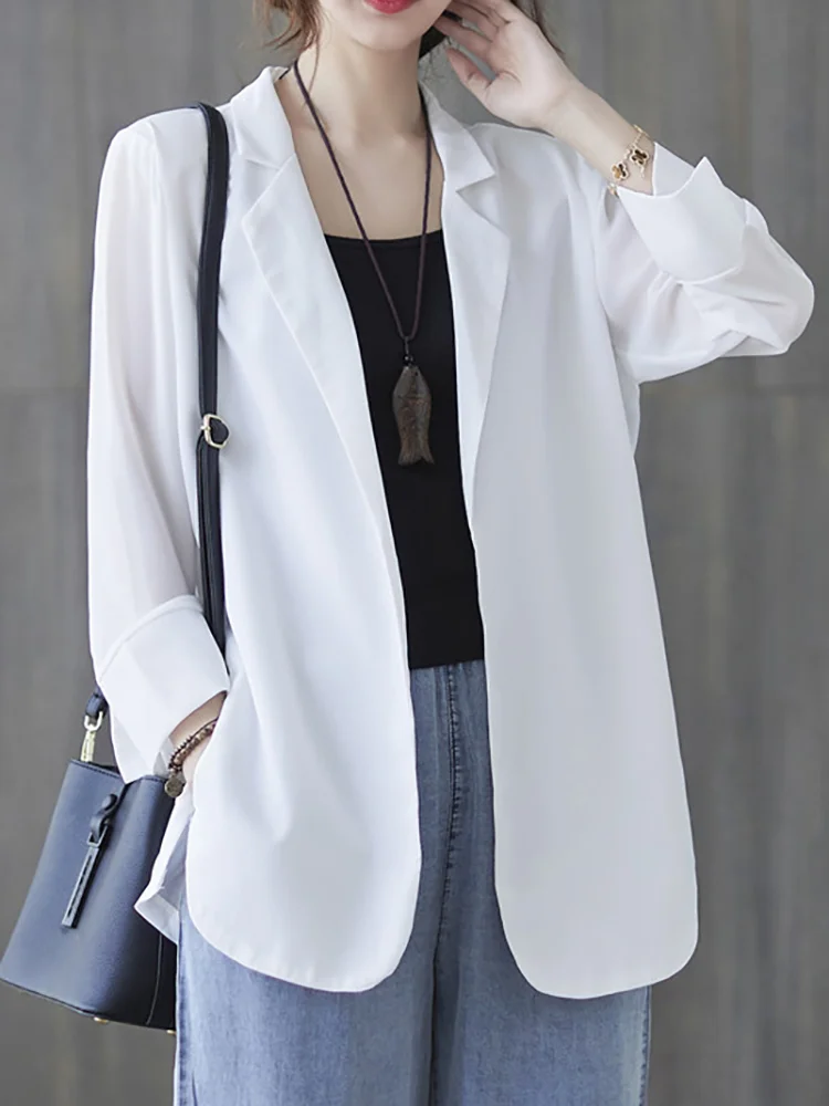

Summer Elegant Solid Blazer For Women Notched Long Sleeve Straight Casual White Blazers Female Fashion 2021 OL Ladies Style
