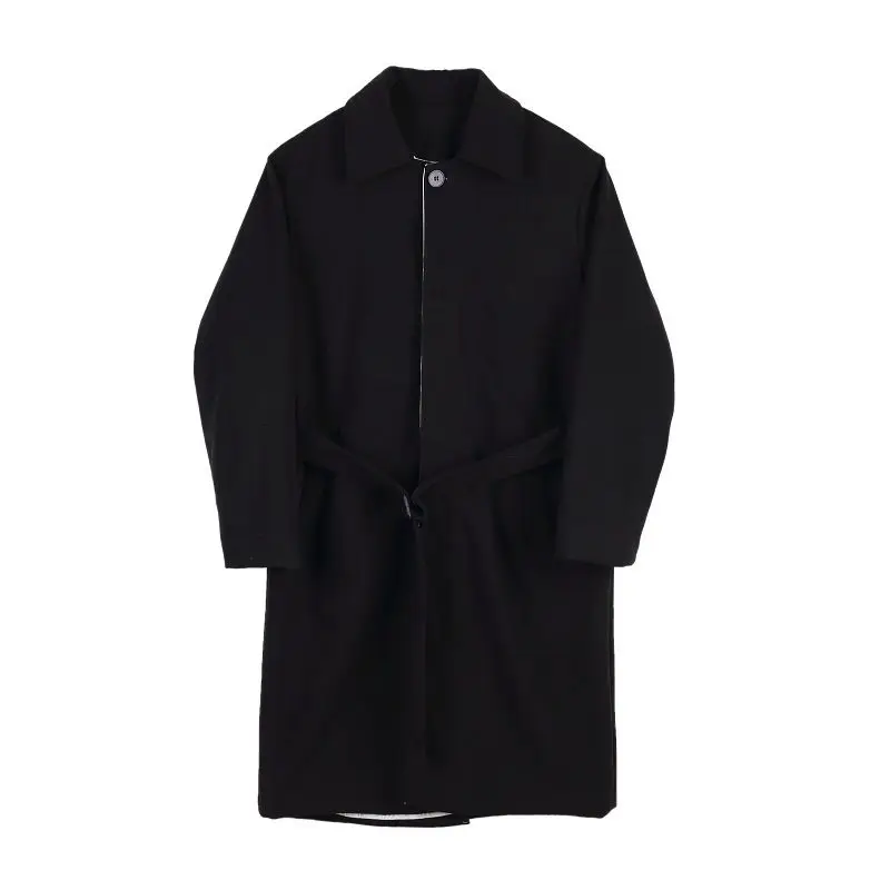 

IEFB Men's Wear Niche White Lining Design Thickened Black Woolen Coat For Male Autumn Winter Mid Length Coat With Belt 9Y3124