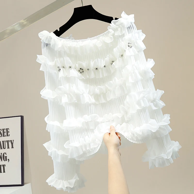 

Женская шифоновая блузка с длинным рукавом, милая плиссированная рубашка со стразами и вышивкой, блузка с открытыми плечами и оборками, вес...