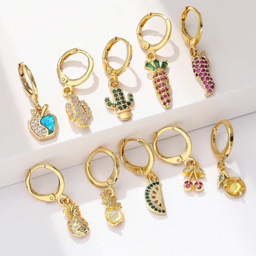 

Fruit Earrings for Women Gold Cherry Dangle Earrins Bling Micro Pave Zircon CZ Cute Earring Trendy Punk Party New Fashion 2021