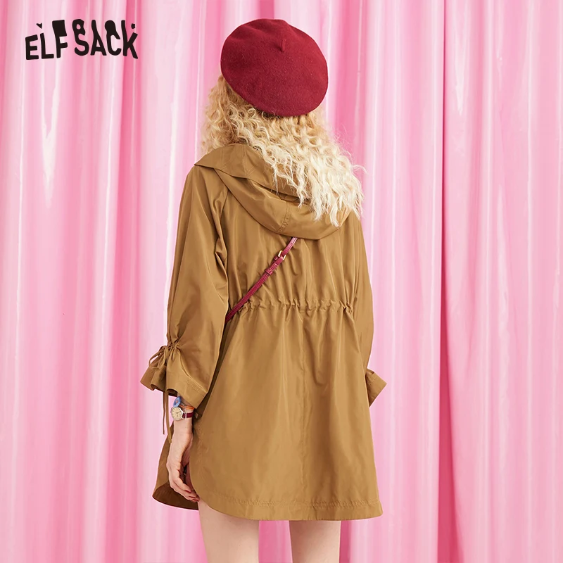 ELFSACK New Women Trench Coats,Fashion Casual Turn-down Collar Hooded Female Trench Coat Autumn Streetwear Clothing