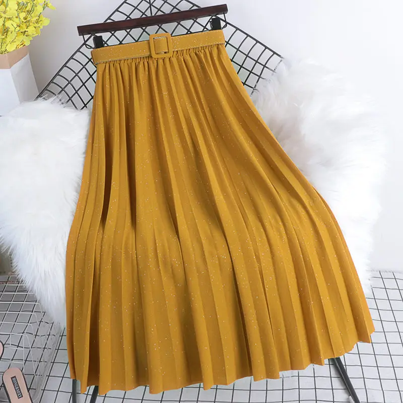 

2021 Spring New Elastic High Waisted Skirt Mid-Length Solid Color Wild Pleated Skirt Women's Fashion With Belt Jupe Femme zh106