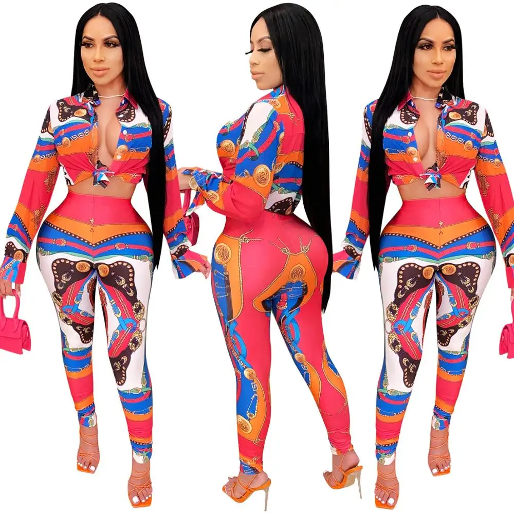 

2021 Spring Autumn Women Color Printing Two Piece Sets Lady's Turn-down Collar Short Shirts High Waist Skinny Pants Outfits