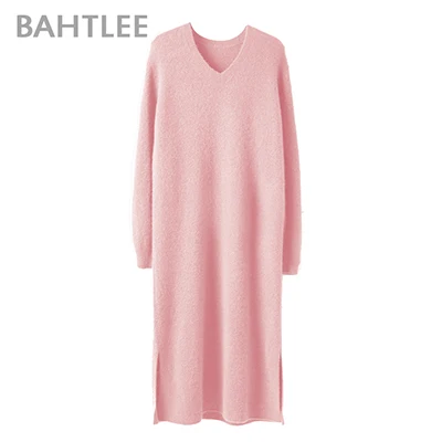 Pink BAHTLEE Женский бархатный длинный пуловер из яка, свитер на осень и зиму, шерстяной вязаный джемпер с длинными рукавами и v-образным вырезом, свободный стиль - Цвет: Pink