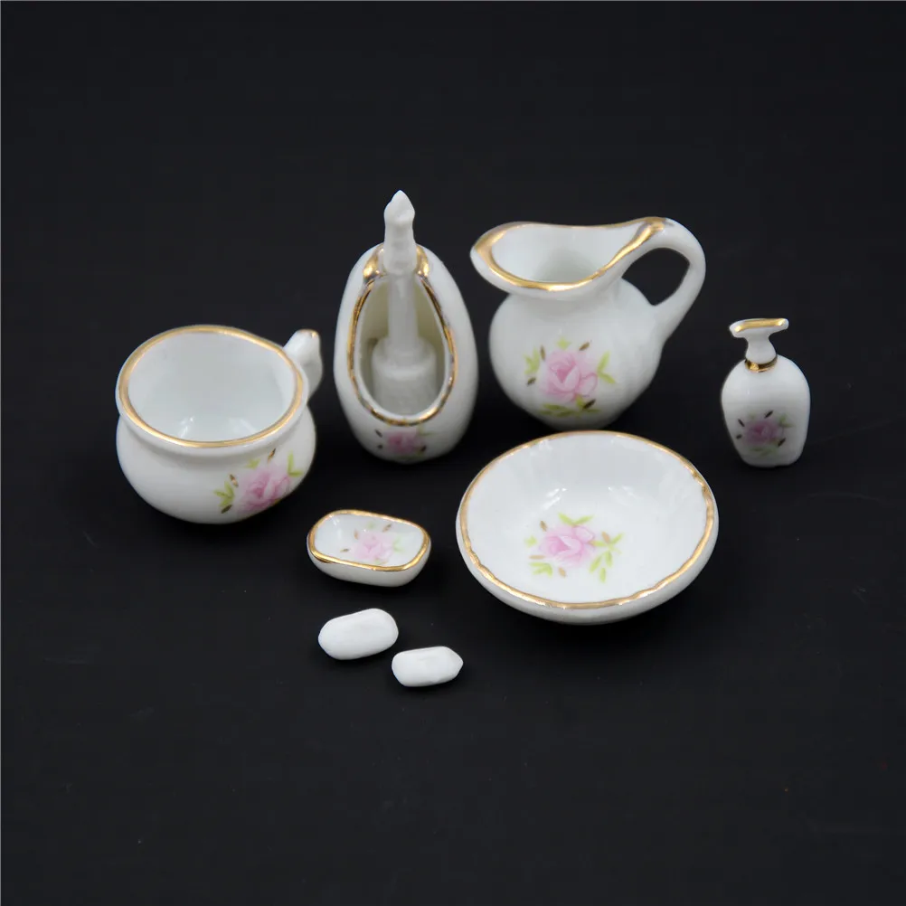 

8Pcs/Set Floral Ceramic Pastel Rose Dollhouse Bath Decoration Dolls Gift Kits 1/12 Miniature Set Dollhouse Bathroom Accessories