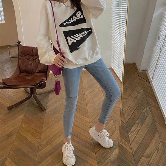 

Light blue pierced high waist jeans women's 2021 summer Korean new slim and versatile elastic Leggings [delivery within 15 days]