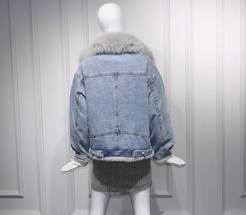 Женская куртка из джинсовой ткани свободная флисовая с воротником натурального