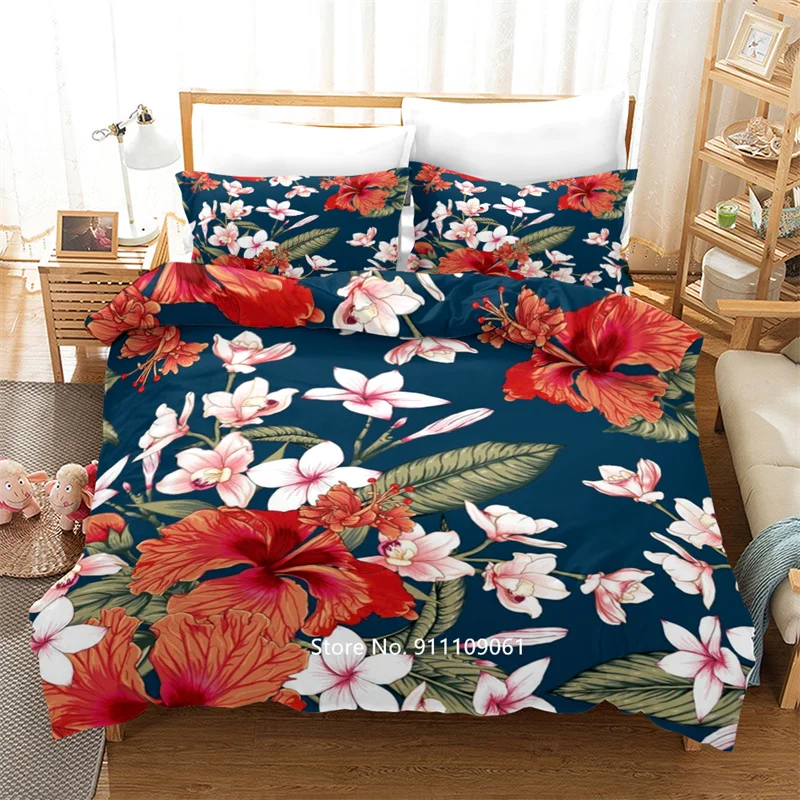 

Pink Grey Flowers Green Leaves Bedclothes Soft Bedding, Women's Room Double Bed Home Comfortable Down Quilt Cover and Pillowcase