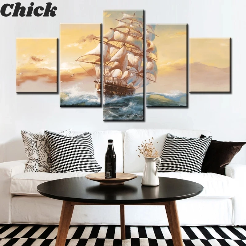 

5 Panels Ship Boats Sailing Canvas Painting Pictures Decoracion Canvas Oil Paintings Wall Art Pictures for Living Room Decor
