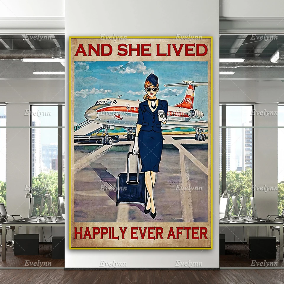 

Flight Attendant - And She Lived Happily Ever After Poster Vintage Home Decor Canvas Wall Art Prints Living Room Decoration Gift