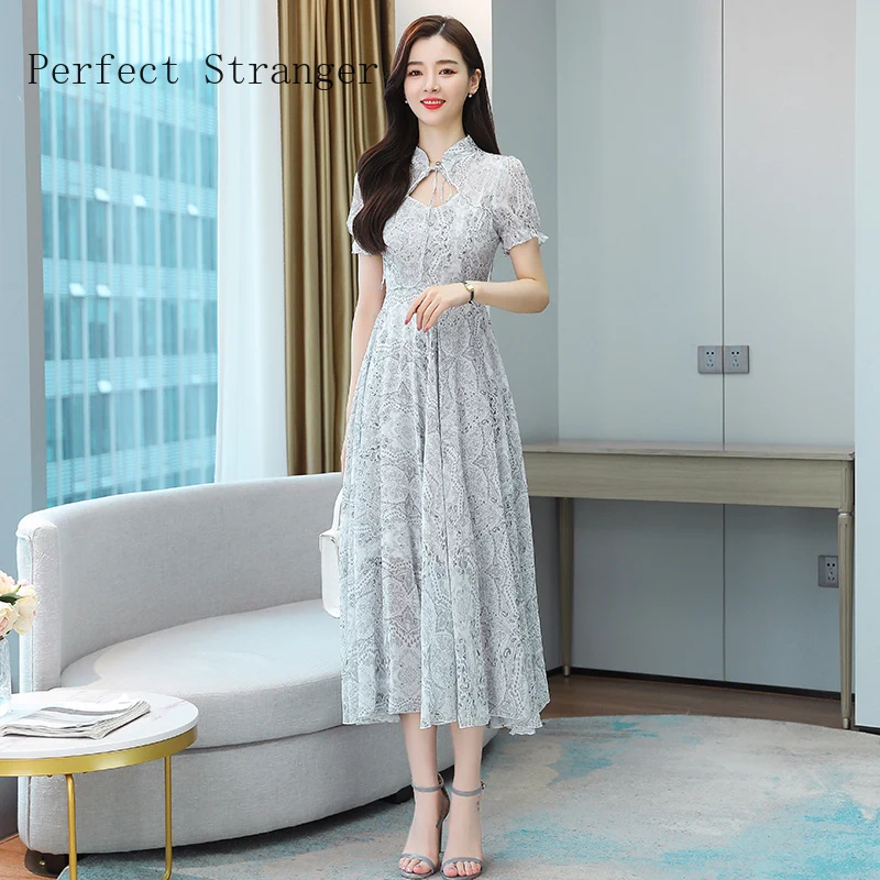 

High Quality 2021 Summer New Arrival Hot Sale Bow Collar Flower Printed Short Sleeve Women Chiffon Long Dress Plus Size M-3XL