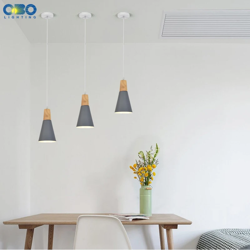 Luces colgantes nórdicas pantalla de aluminio colorido café dormitorio Loft 1,2 m Cable iluminación interior LED madera E27 lámpara colgante