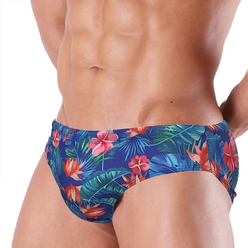 Men Swimwear Floral Print Bikini Swimsuit Sport Swimming Trunks Penile Pouch Beachwear Sexy Briefs Beach Shorts Bathing Suit