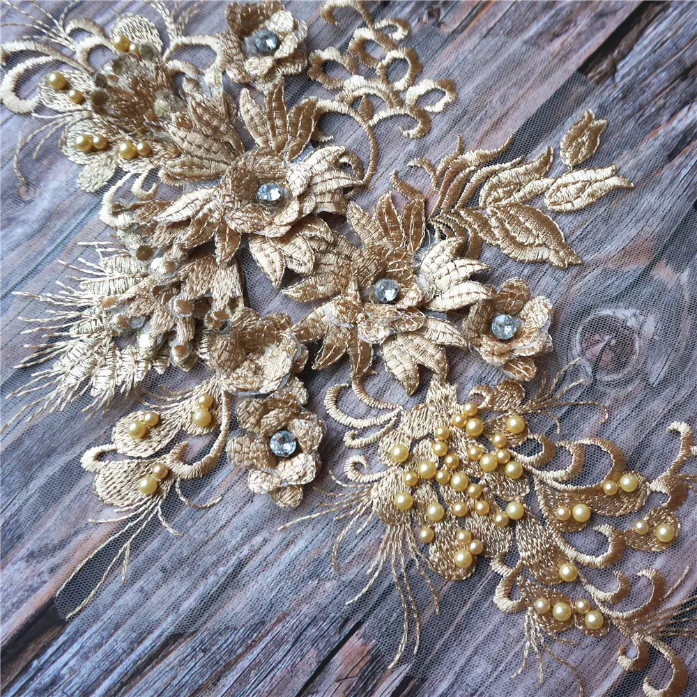 Золотой цветок кружевной ткани бисером вышитое платье Аппликации планки