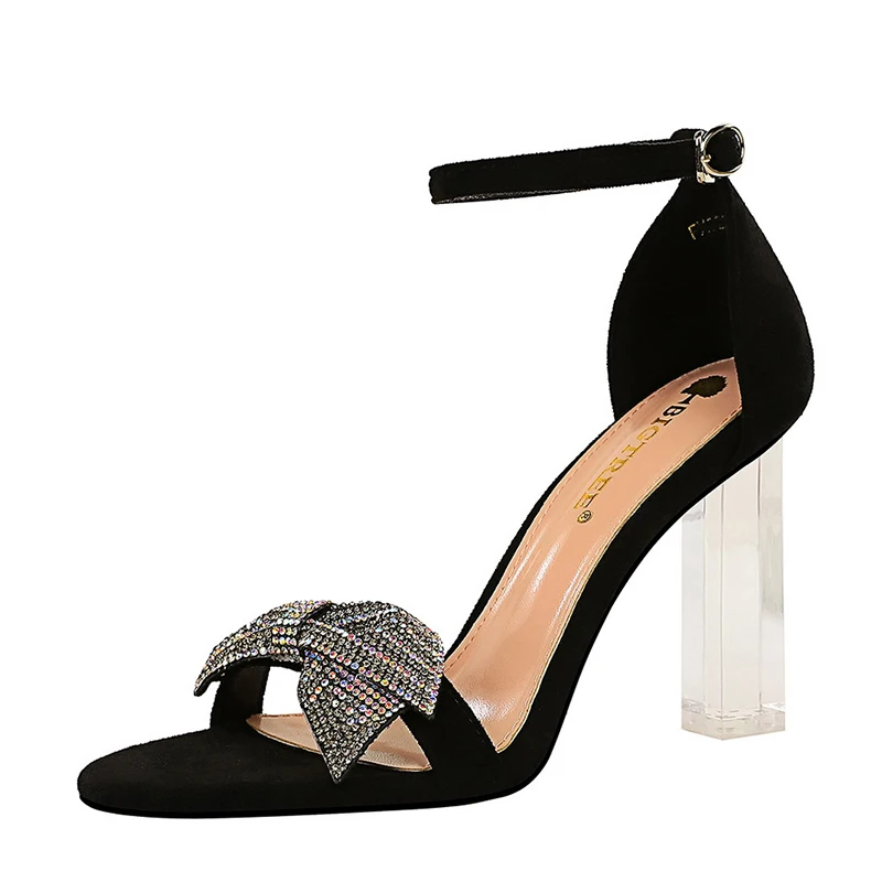 

Pumps Transparent heel Woman Fanshion Summer Party Butterfiy-Knot Crystal Square Perspex High Heels Peep Toe Suede Rubber