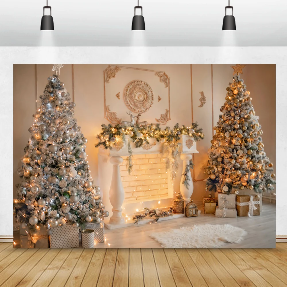 Шикарный фон для фотосъемки с изображением стены камина рождественской елки