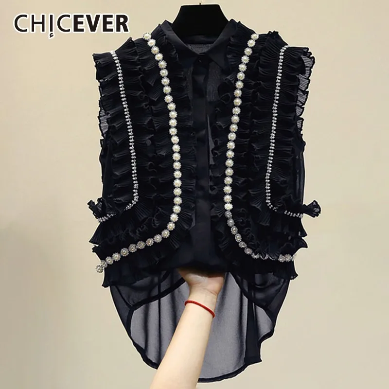 CHICEVER Повседневная шифоновая Лоскутная Женская рубашка с оборками и отворотом