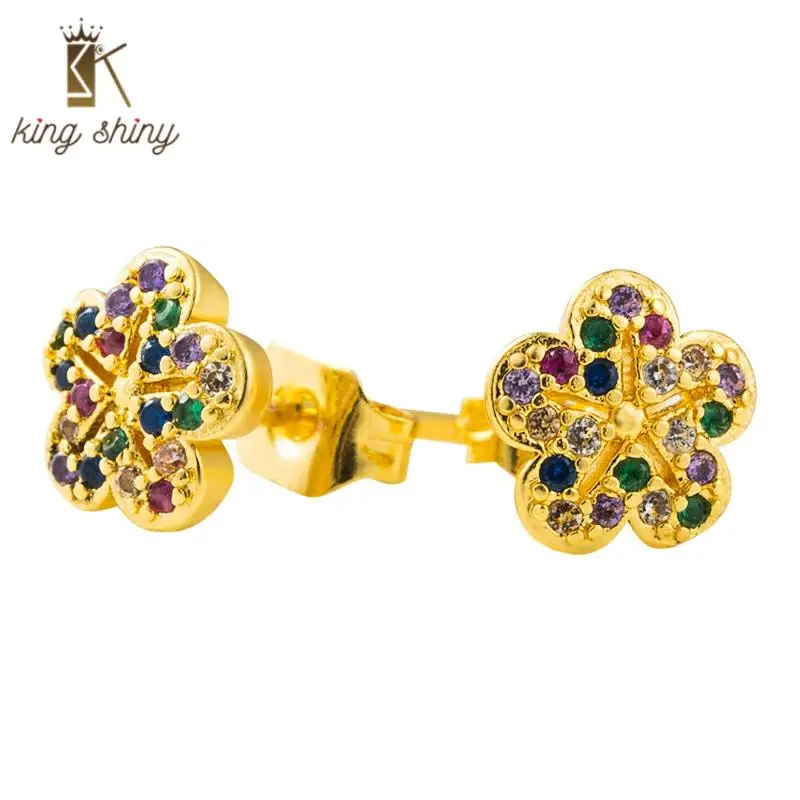 

Luxury Gold Color Flower Copper Stud Earrings for Girl Vintage Rainbow Cubic Zirconia Statement Stud Earring Woman Party Jewelry