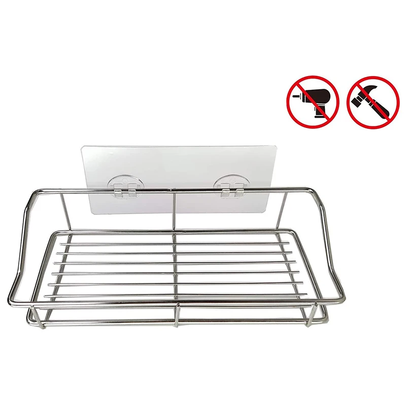 

2 Pack Adhesive Shower Caddy Bathroom Shelf Storage Kitchen Rack and Hooks,No Drilling Wall Mounted Rustproof Storage