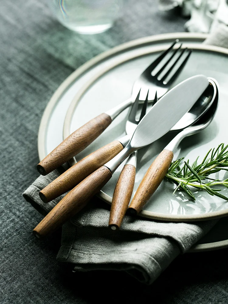 

Японская деревянная ручка нож из нержавеющей стали ложка и вилка westernnnпосуда набор креативная десертная ложка для стейка столовая посуда ...