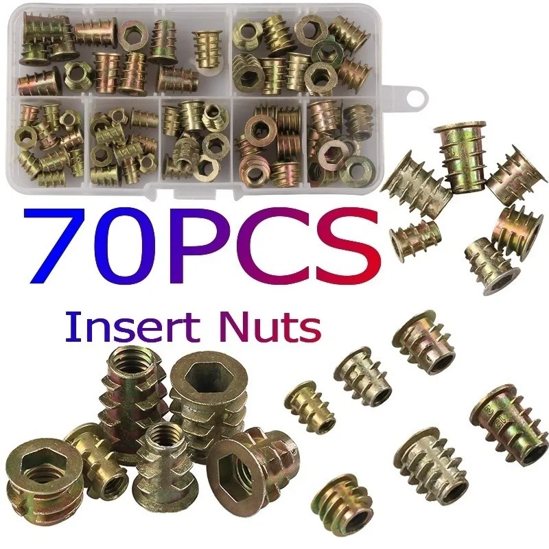 

Threaded Inserts Nuts, Wood Insert Assortment Tool Kit, M4/M5/M6/M8 Furniture Screw Inserts Bolt Fastener (70 PCS)