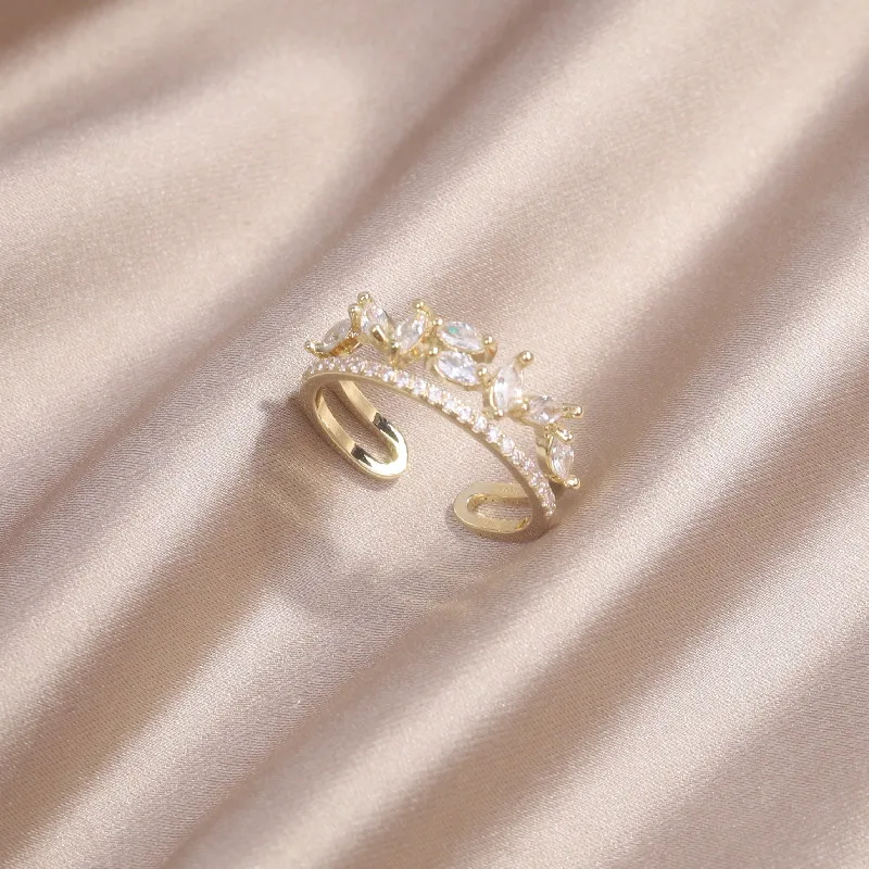 

Korea New Design Fashion Jewelry 14K Real Gold Electroplating Double Zircon Leaf Ring Elegant Women's Daily Work Accessories