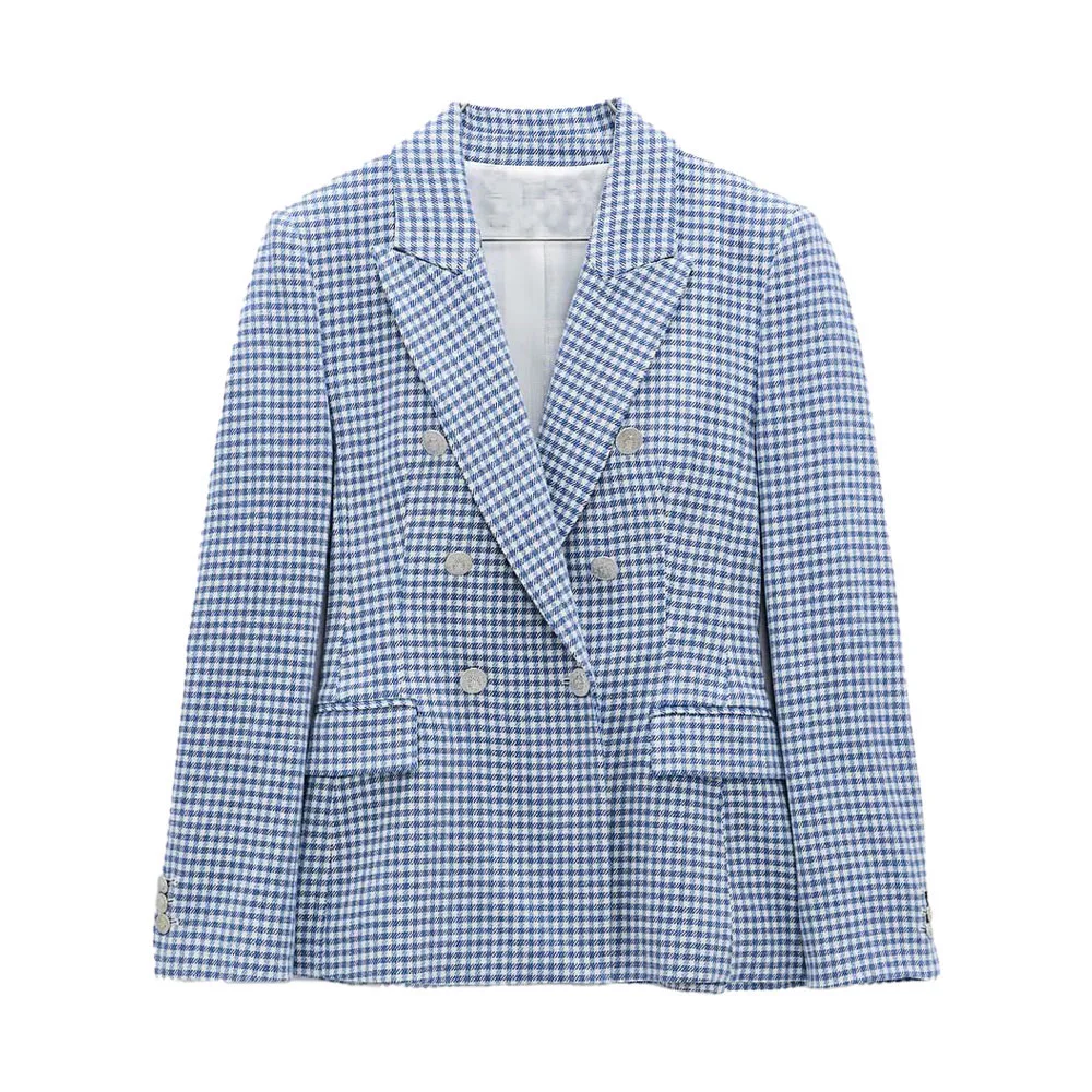 

Blazer 2021 Spring New Women's Small Fresh Lapel Long Sleeve Slim Button Pocket Check Double-breasted Casual Blazer