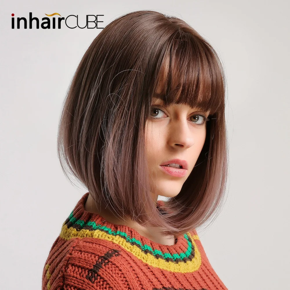 Inhaircube Bobo Straight Ombre Hair Synthetic Wigs with Bangs Heat Resistant Brown Purple Light Golden Wig Free Shipping |