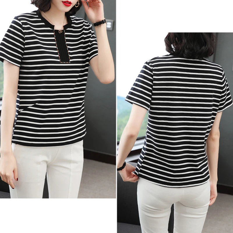 

BOBOKATEER Striped Short Sleeve T Shirt Women Clothes Mujer Camisetas Plus Size Cotton Woman Tshirts Femme T-shirts Ladies Tops