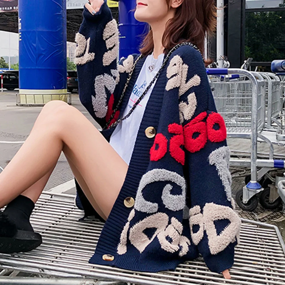 Повседневный Кардиган большого размера с буквенным принтом свитер женский