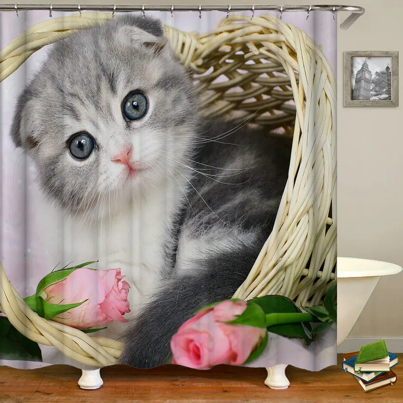 

Shower Curtains Cute Cat Hower Curtains Bath Curtain Polyester Waterproof Bathroom Decor Curtain with Hooks