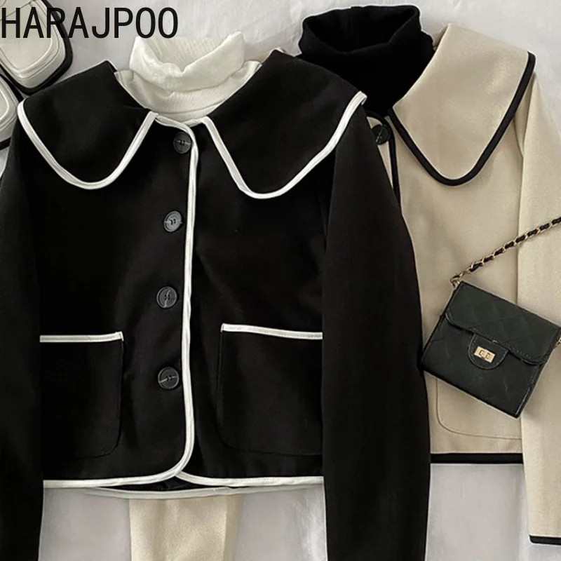 

Coats Harajpoo Women Solid Simplee Long Sleeve 2021 Fall Winter New Fashion Loose Doll Collar Korean Casual Streetwear Jacket