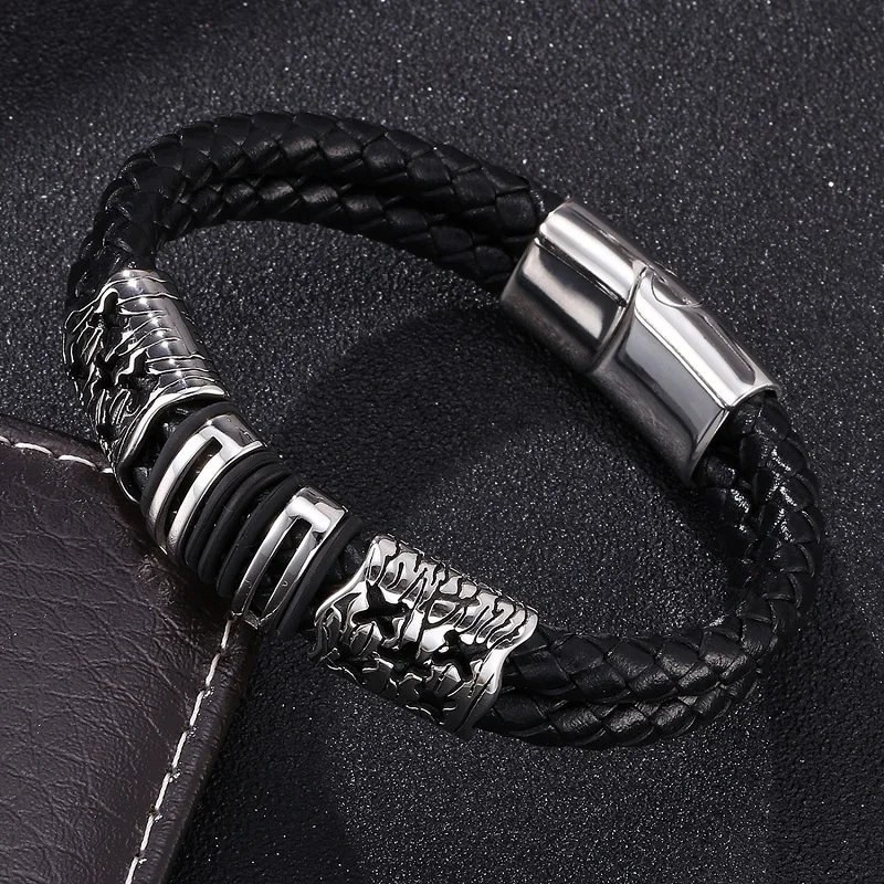 Панк нержавеющая сталь аксессуары черный плетеный кожаный браслет мужские