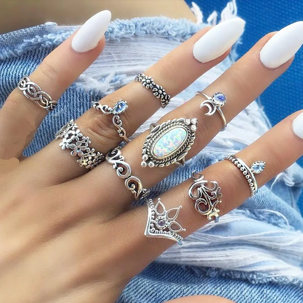 

10pcs/Set Vintage Bohemian Geometric Rings Set For Women Moon Flower Opal Boho Finger Knuckle Ring Wedding Jewelry Gift