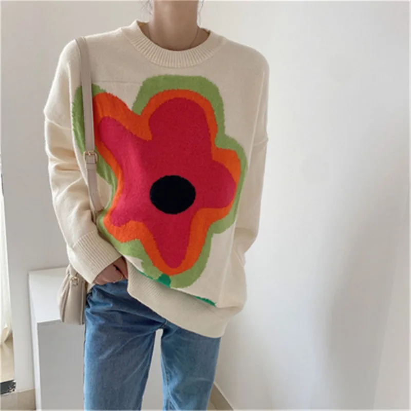 

Korean Casual Women' Sweater Chic Flowers Knit Jumpers Female All-matched Fashion Tide 2021 Winter