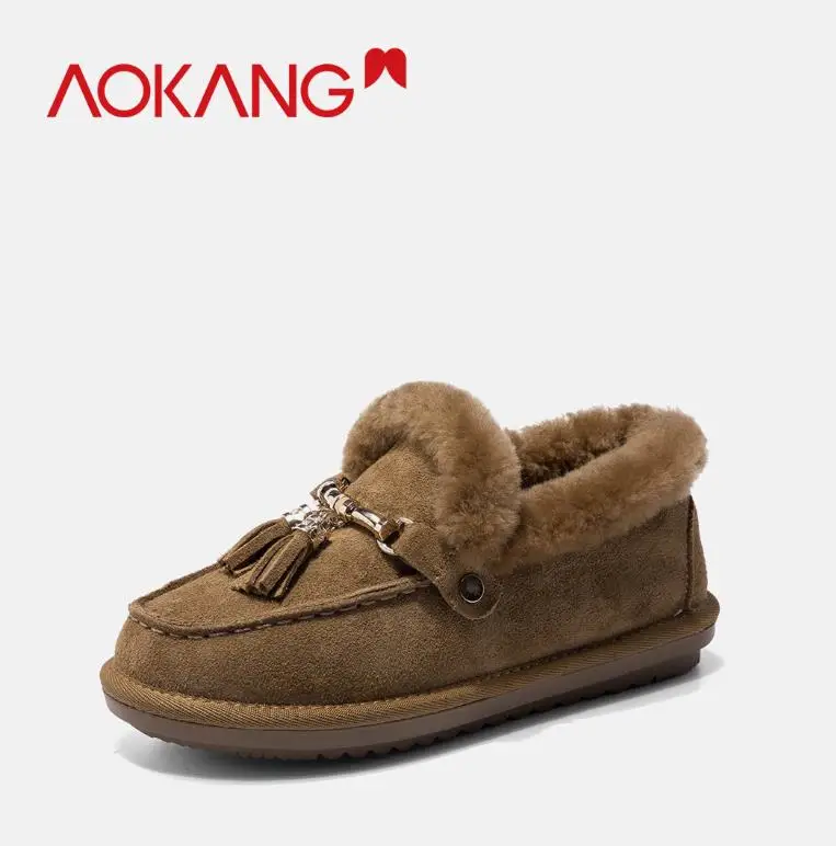 AOKANG/Новое поступление; зимние женские теплые лоферы на плоской подошве; Плюшевые слипоны; женские лоферы с бантом; водонепроницаемые Мокасины с искусственным мехом; теплая женская обувь - Цвет: BROWN184031039