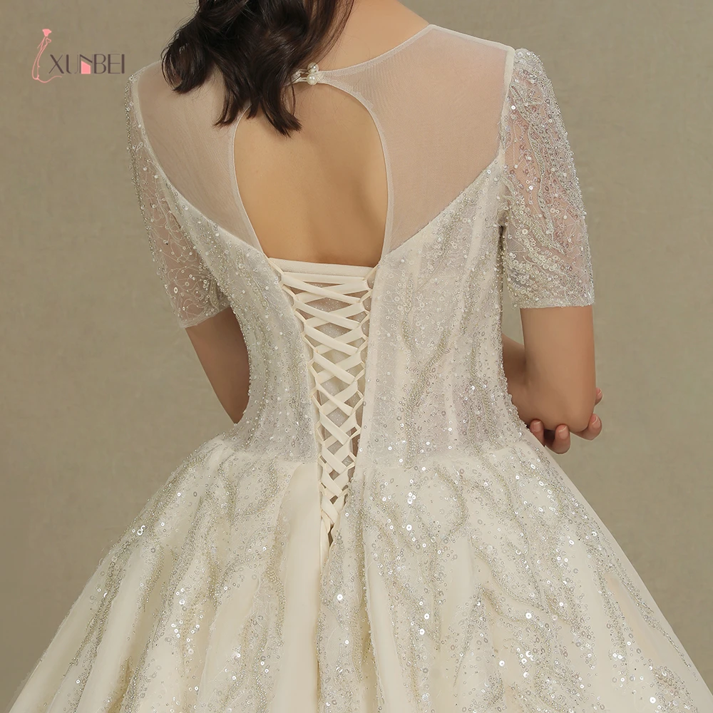 2021 New Arrivals 100% Real A Line Wedding Dresses O Neck Beading Sequins Short Sleeves Mariage Bride Dresses Custom Dresses