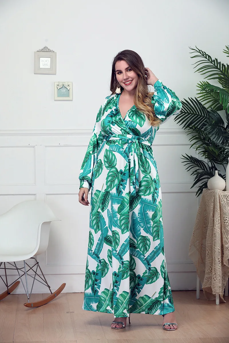 010 Large Size Women Dress Ankle Length Long Skirt L XL XXL 3XL 4XL Green Leave Printing V Neck Full Sleeve Plus Fat People | Женская