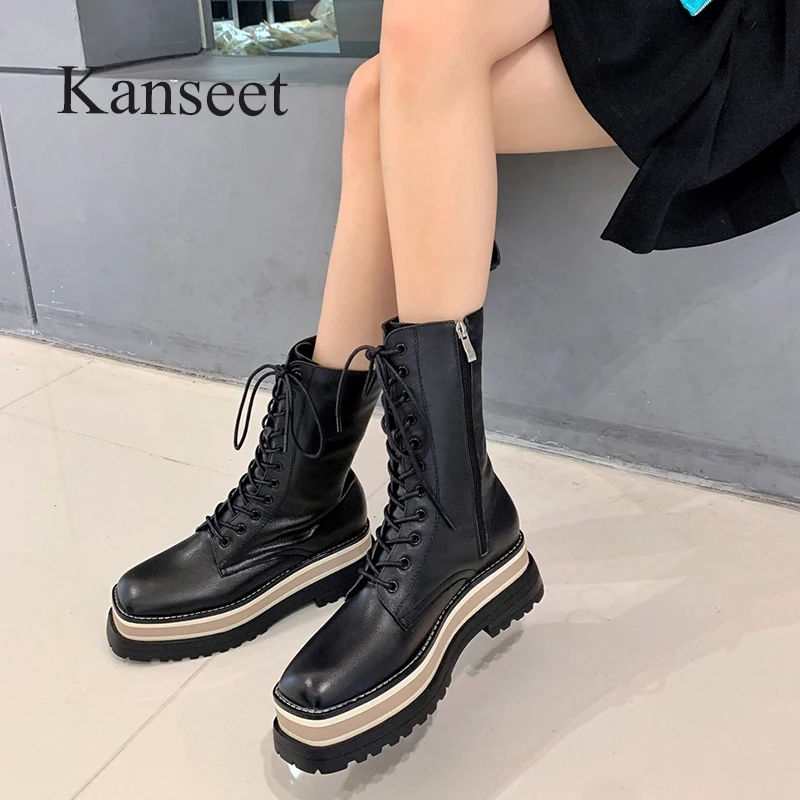 

Kanseet Mid-Calf Boots Women 2021 New Autumn Winter Black Genuine Leather Round Toe Chunky Heels Zipper Platform Martin Boots