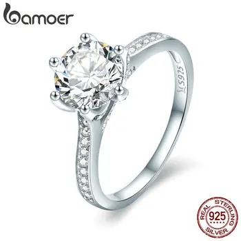 BAMOER 3CT 925 Sterling Silver Engagement Ring Round Cut Cubic Zirconia Love Forever Band for Women Wedding SCR342