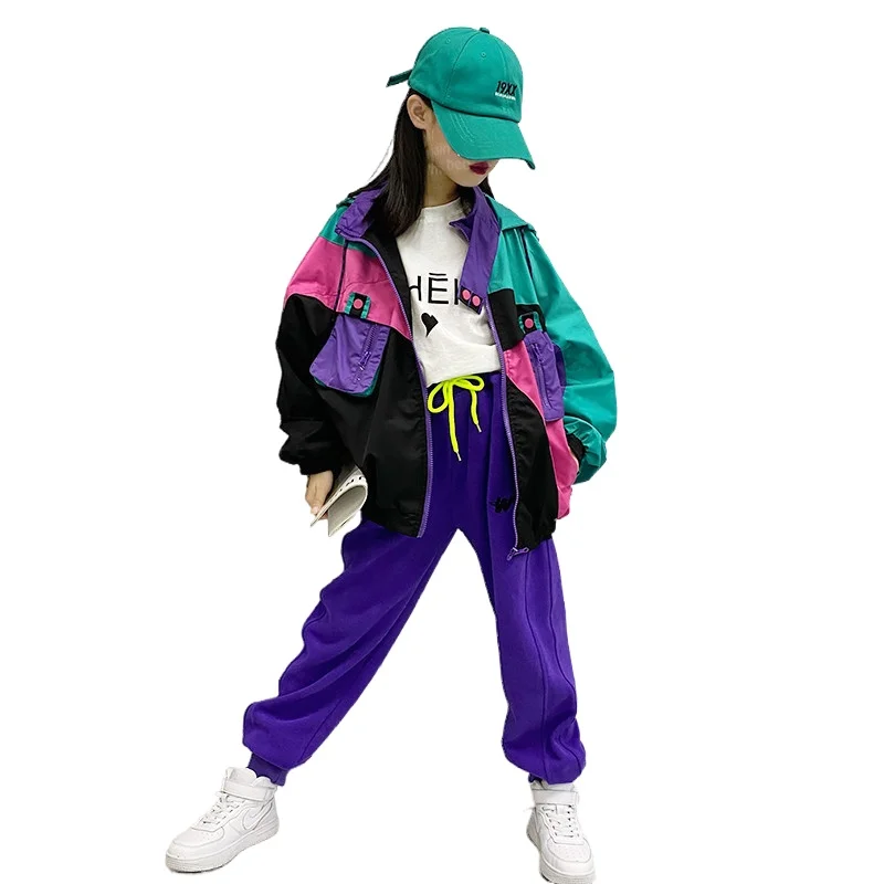 

Girls color matching jacket 2021 spring new trendy girl color contrast jacket hooded jacket top