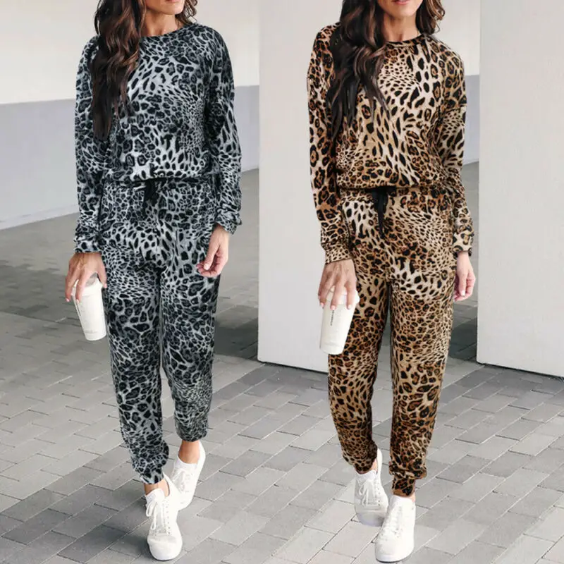 

Women Fashion Round Neck Sweatshirt Long Sleeve Casual Hoodies Leopard Print Wide Leg Pants Two Piece Set Women Tracksuit