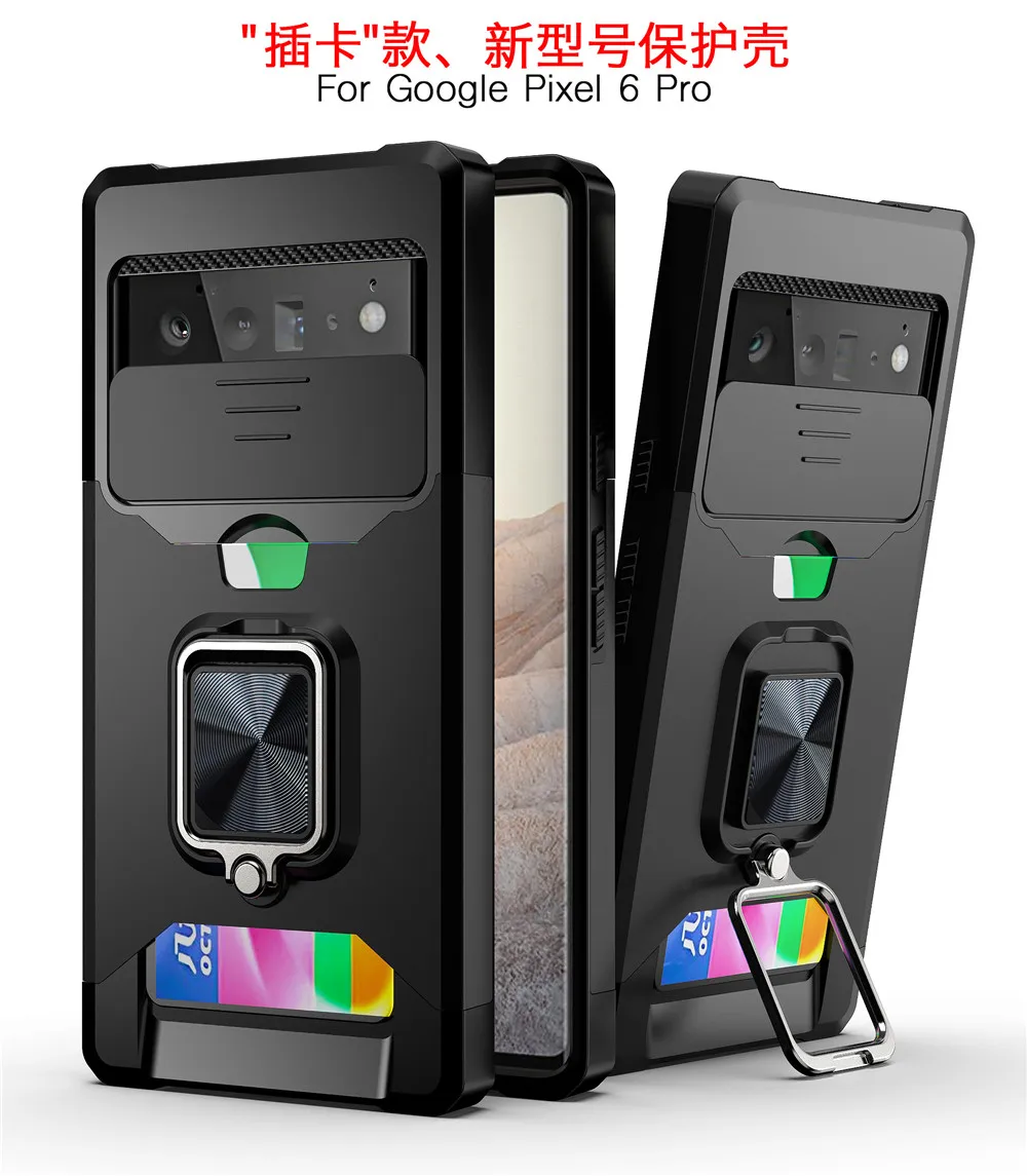 

Slide Camera Protection Card Slot Case For Google Pixel 6 Pixel6 Pro Hybrid Armor Shockproof Ring Stand Cover Coque Funda Bumper