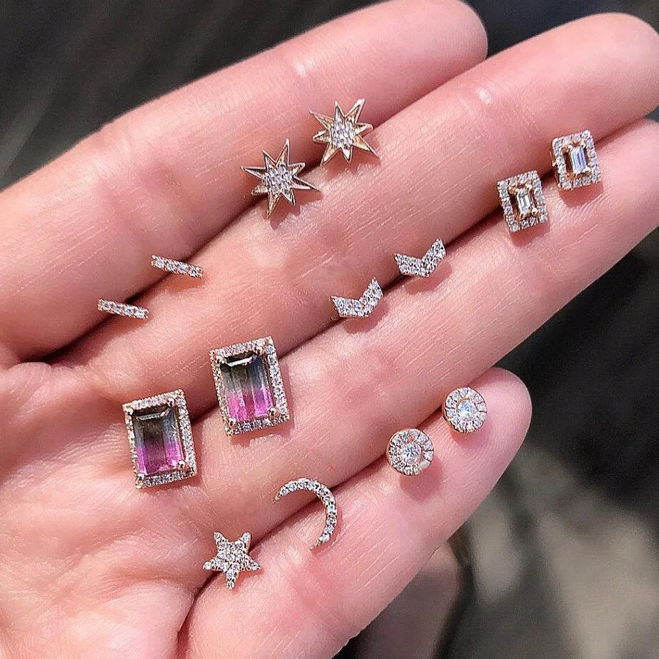 Women's Crystal Earrings Mini Fashion Star Moon Geometric Mixed Rhinestone Flowers Heart Piercing Metal Set Jewelry | Украшения и