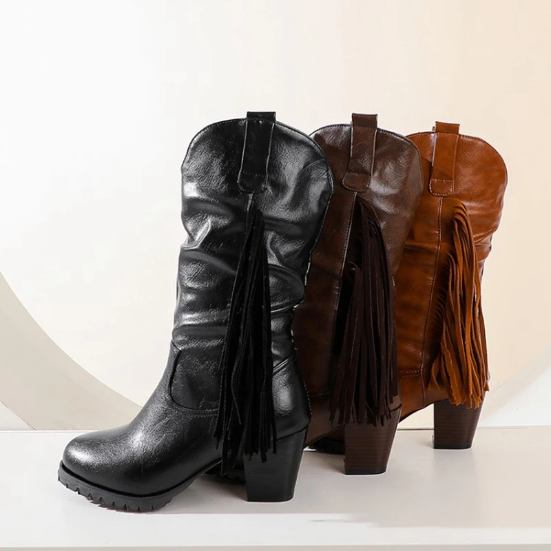 Женские ботинки в стиле ретро на высоком каблуке с бахромой | Обувь